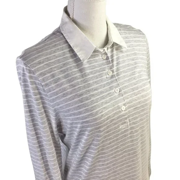 Amina Rubinacci Italy Polo Long Sleeve Gray White Stripe Cotton Size 48 or US 12 - Picture 4 of 10